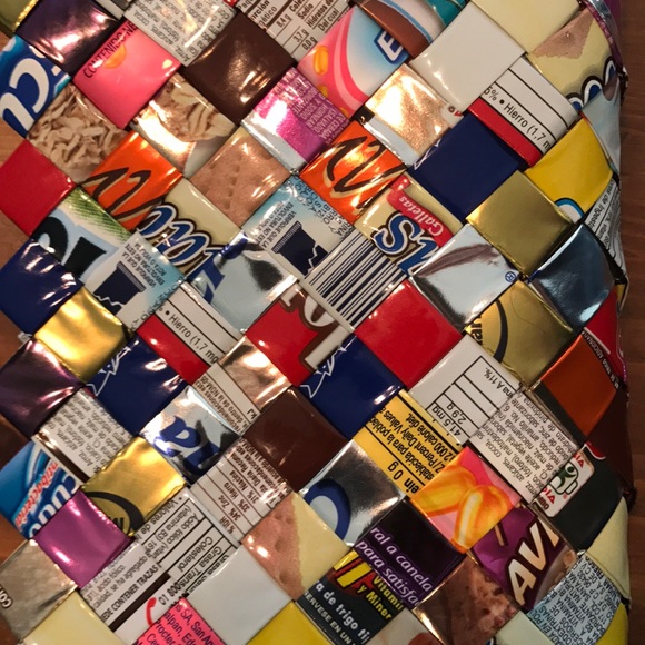 Excellent Condition Wristlet, Wallet Bag Woven Candy Wrappers, Red Strap - Picture 2 of 3